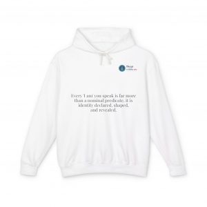 QR Code Hoodie — Minimalist White Lightweight Hooded Sweatshirt with Text Accent
